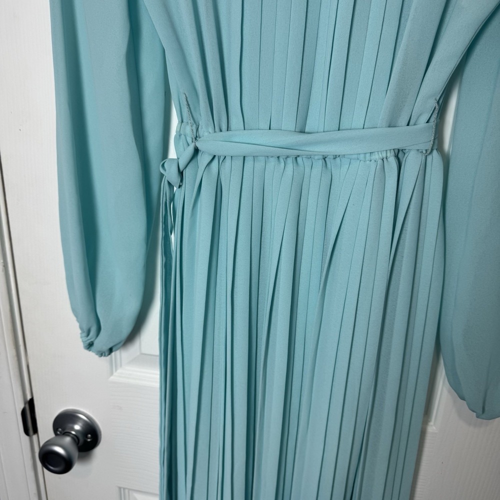 Vintage 70's Blue Maxi Dress Gown Chiffon Mock Neck Lace Evening Gatsby M/L - Picture 8 of 9